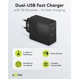 goobay USB-C Dual-Schnellladegerät 36 Watt, PD schwarz, 2x USB-C, Power Delivery